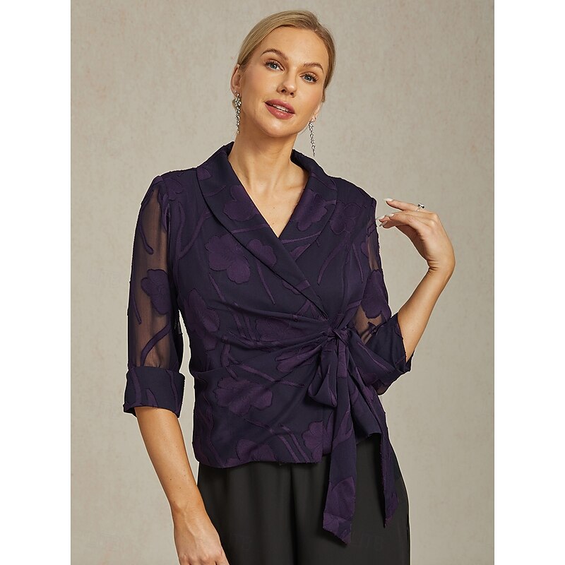 Women's Blazer Lightweight Lace Tie Knot Dressy Tunic Asymmetric Elegant Stylish Floral Wedding Guest Work Daily Open Front Regular V Neck Regular Fit 3/4 Length Sleeve Outerwear Eggplant Summer