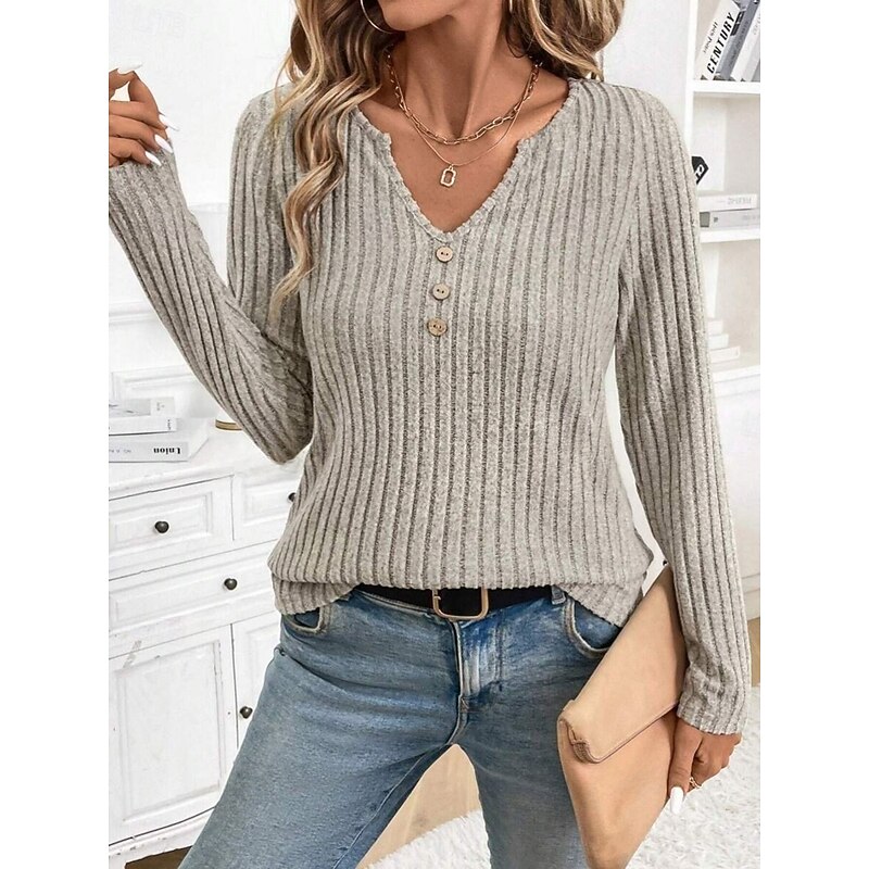 Women's Blouse Solid Color Stylish Casual Long Sleeve V Neck Regular Tops Daily Buttons Pink Army Green Blue Khaki Light Grey Summer Spring Fall2