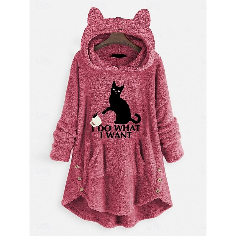 Women's Pullover Hoodie Sweatshirt Cat Casual Long Sleeve Hooded Long Tops Street Dailywear Casual Pink Wine Dark Pink Blue Gray Fall Winter