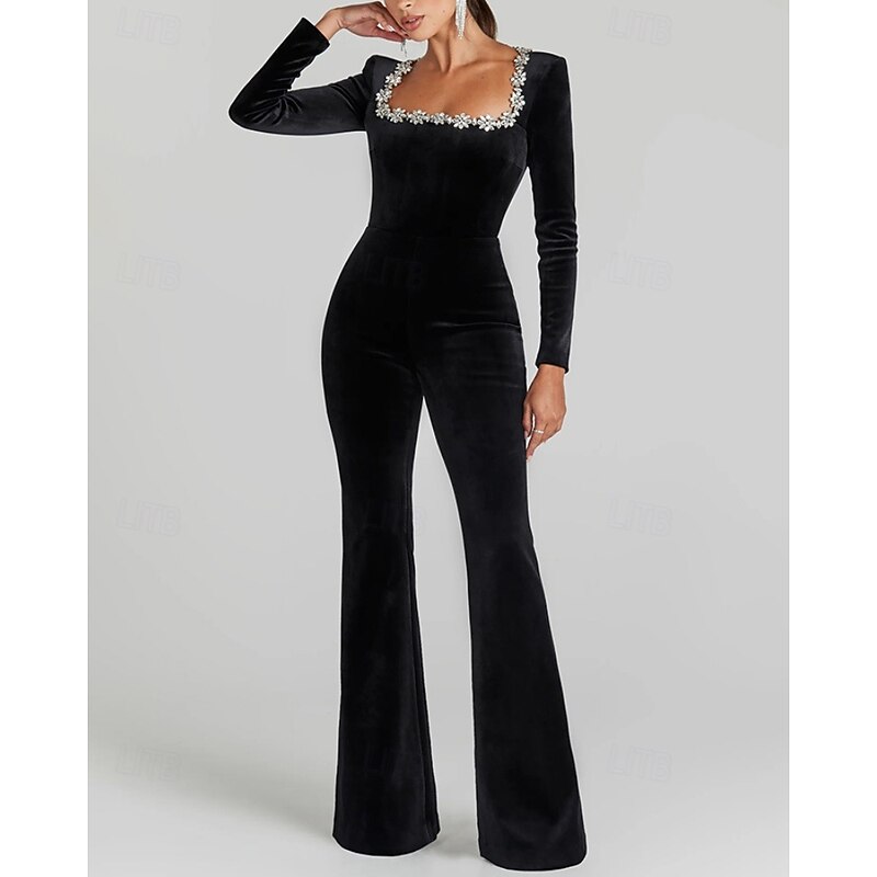 Women's Normal Jumpsuit Streetwear Solid Color Long Sleeve Square Neck Street Daily Regular Fit Black Fall3