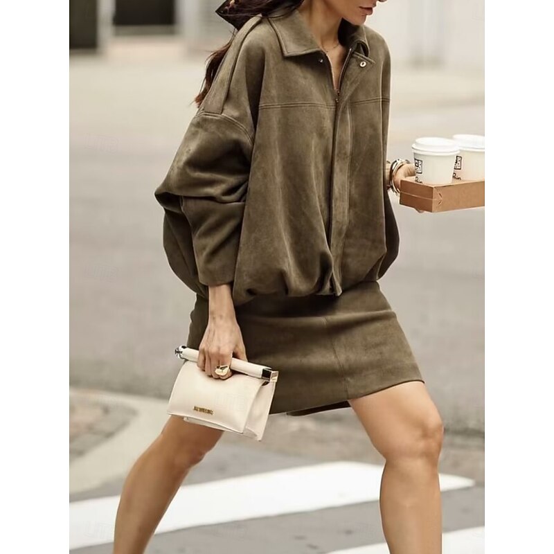 Women's Casual Jacket Comfortable Breathable Zipper Casual Plain Vacation Street Casual Daily Wear Zipper Short Turndown Loose Fit Long Sleeve Outerwear Black Red Brown Spring Fall2