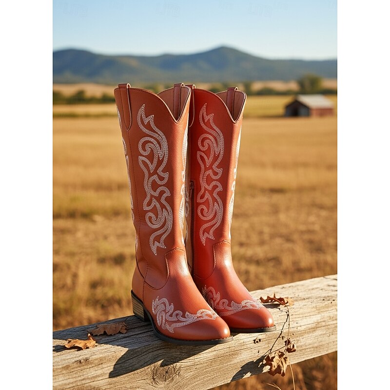 Women's Mid-Calf Western Cowboy Boots – Red Faux Leather with White Embroidery, Side Zipper, and Low Block Heel, Ideal for Country Music Festivals, Rodeo Outfits, and Casual Fall Streetwear