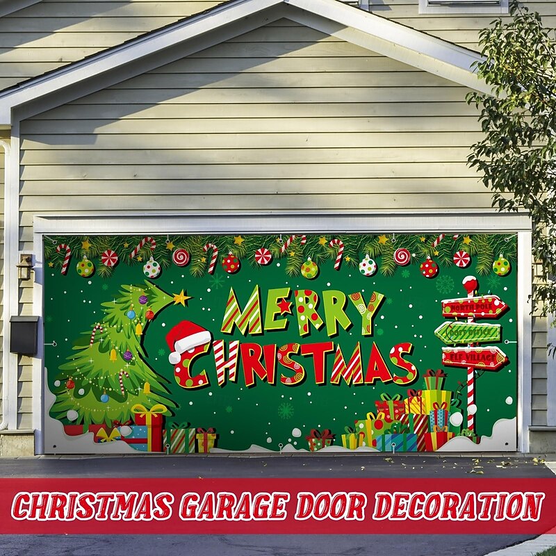 Christmas Outdoor Garage Door Cover Merry Christmas Wreath Candy Cane Santa Hat Large Tapestry Backdrop Holiday Party Wall Decoration For Outdoor Garage Door Home Festival Celebration Decor2