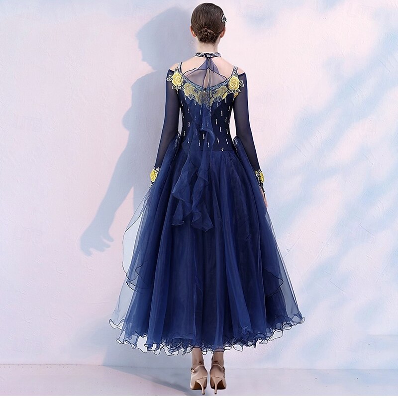 Ballroom Dance Dress Embroidery Rhinestones Women's Performance Long Sleeve Waltz Modern Dance Costumes2