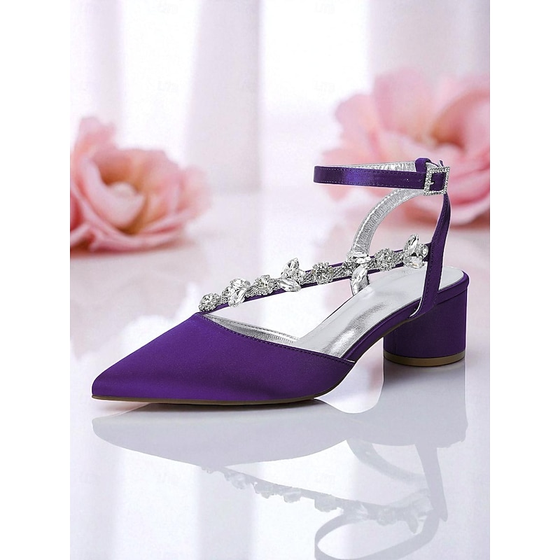 Women's Purple Satin Block Heel Pumps with Rhinestone Straps - Elegant Formal Shoes for Evening Events and Nightlife Parties3