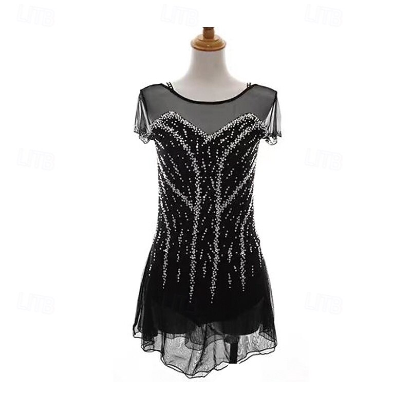 Figure Skating Dress Women's Girls' Ice Skating Dress Black Patchwork Thumbhole Spandex Mesh Stretchy Training Practice Professional Skating Wear Thermal Warm Crystal / Rhinestone Long Sleeve Ice