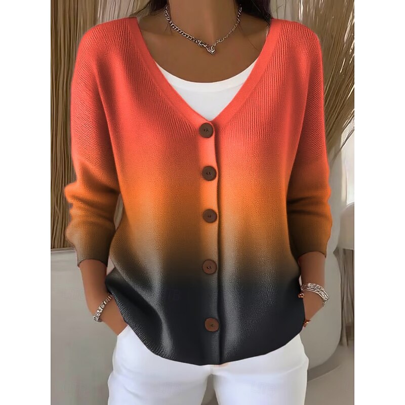 Women's Sweater Casual Soft Striped Color Gradient Ribbed V Neck Buttons Knitted Print Long Sleeve Regular Tops Knit Outdoor Daily Weekend Yellow Fuchsia Spring Fall2