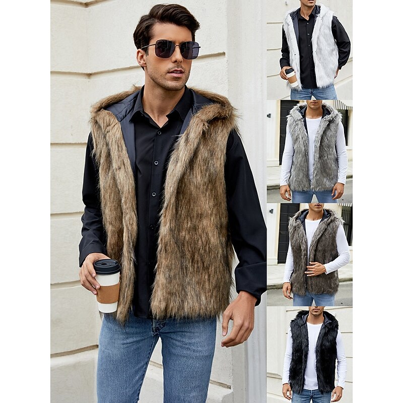 Men's Fleece Vest Hoodie Vest Faux Fur Vacation Casual Daily Wear Going out Fashion Basic Fall Spring &  Fall Hooded Acrylic Faux Fur Comfortable Plain Zipper V Neck Regular Fit Black White Brown