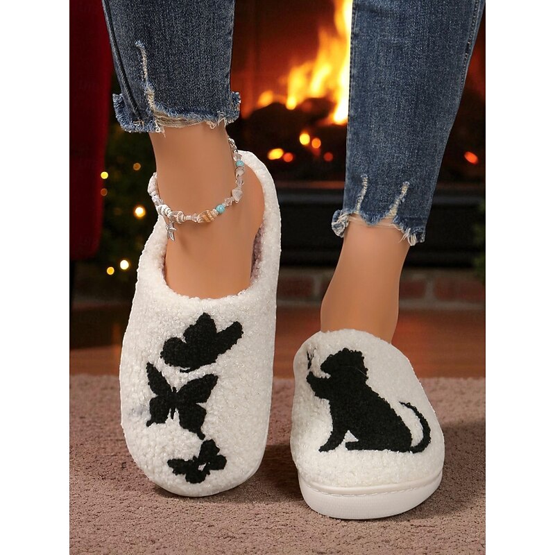 Women's Plush Slippers with Butterfly and Cat Designs, Soft and Cozy Warm Shoes, Ideal for Lounging at Holloween, Winter Relaxation and Holiday Comfort