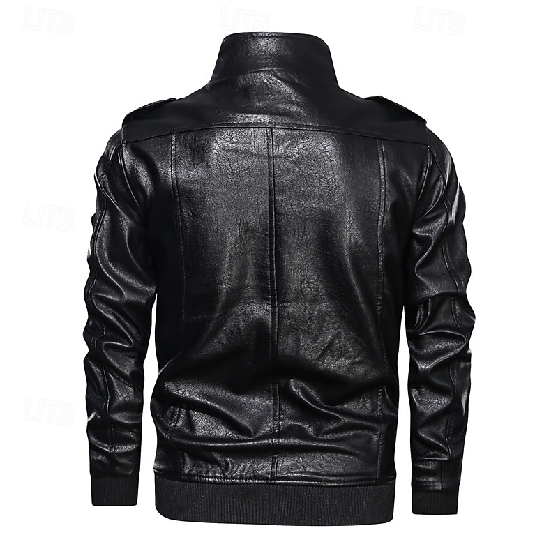 Men's Faux Leather Jacket Biker Jacket Motorcycle Jacket Vacation Daily Windproof Pocket Spring Fall Plain Fashion Classic Stand Collar Regular Black Brown Jacket3