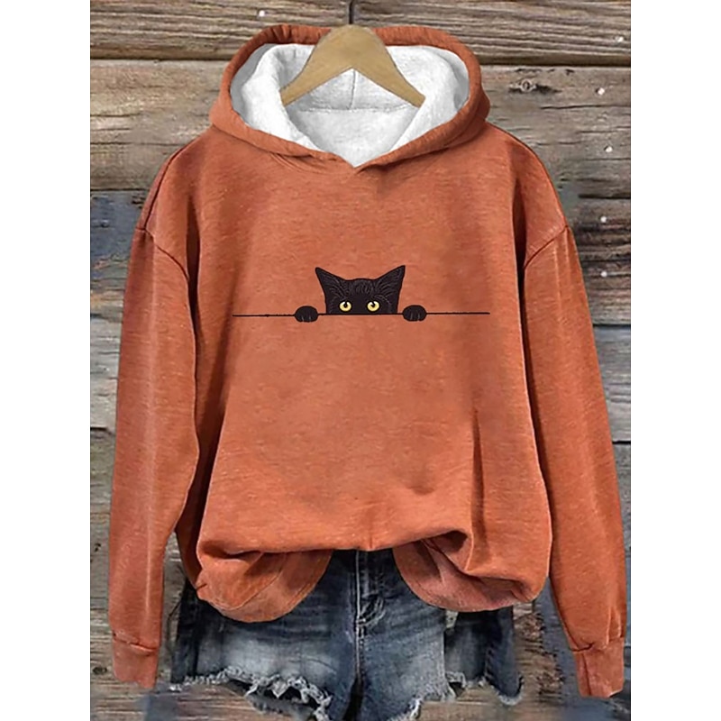 Women's Pullover Hoodie Sweatshirt Graphic Animal Cat Casual Long Sleeve Hooded Regular Tops Party Evening Wear Street Dailywear White Pink Blue Orange Beige Spring Fall Winter