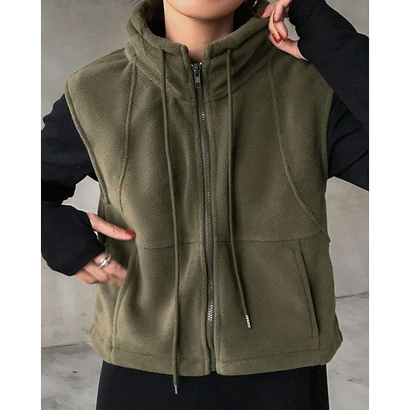 Women's Zip Up Sweatshirts Plain Fashion Casual Sleeveless High Neck Regular Tops Street Casual Holiday Zipper Pocket Army Green Fall Winter
