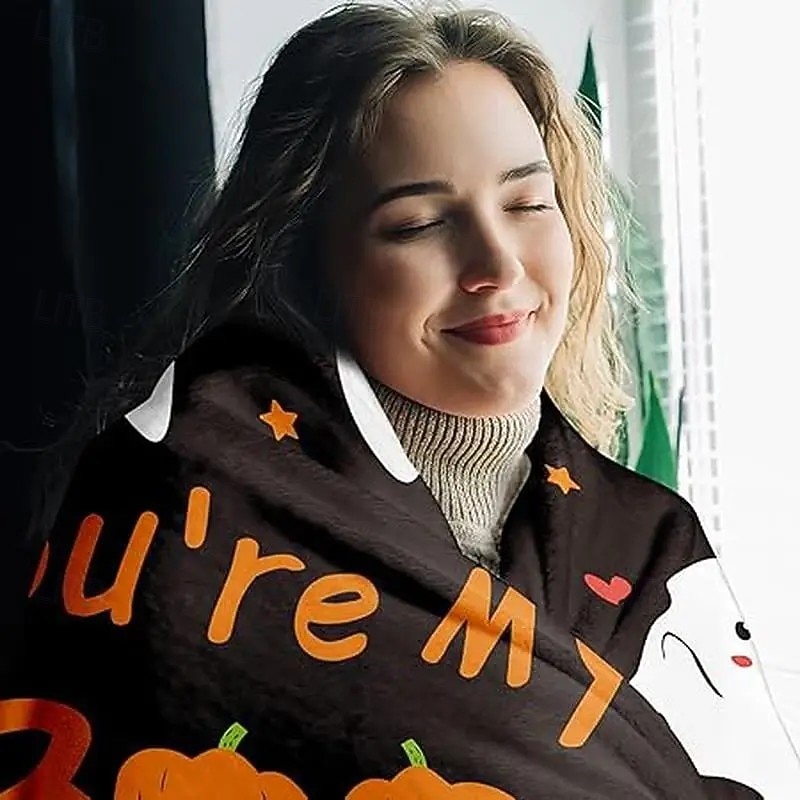 Halloween Ghost Cartoon Flannel Blanket - Reversible All-Season Knitted Throw, Digital Print Multipurpose Cozy Bedding, 100% Polyester,  Ideal for Christmas Valentine'S Gift4