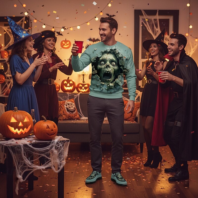 Men's Lace-Up Canvas Shoes with Zombie Skull Print, Casual Boat Shoes Spooky Halloween Party and Walking3