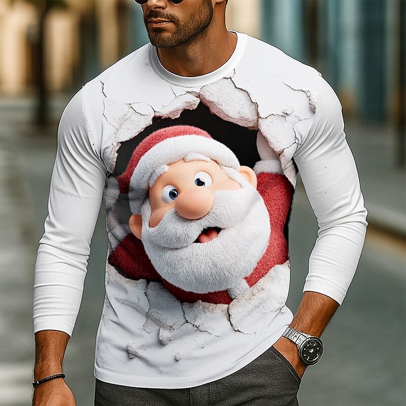 Christmas Men's Santa Claus Funny T Shirt Long Sleeve T shirt 3D Print Crew Neck Shirt Fashion Basic 3D Street Casual Daily Black White Summer Spring Clothing Apparel S M L XL XXL XXXL
