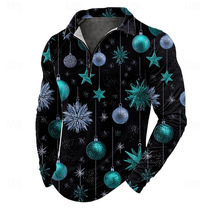 Christmas Men's Bells Zip Polo Shirts Long Sleeve Polo Shirts Lapel Casual Outdoor Festival Outfit 3D Print Fall Winter Lake blue Red Blue2
