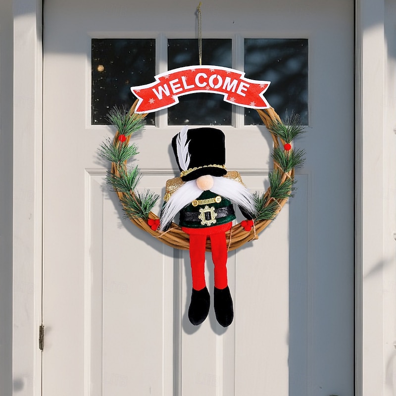 Christmas Soldier Wreath Welcome Wooden Sign Decor Gnome Doll Vine Garland Front Door Hanging Decoration Holiday Party Mall Window Display Christmas Ornament2