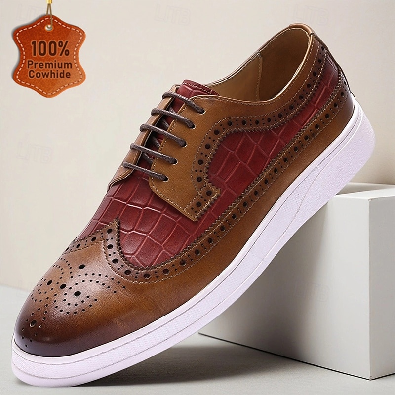 Brown and Burgundy Men's Brogue Oxford Shoes – Classic Lace-Up Dress Footwear with Wingtip Detailing for Business, Weddings and Formal Events