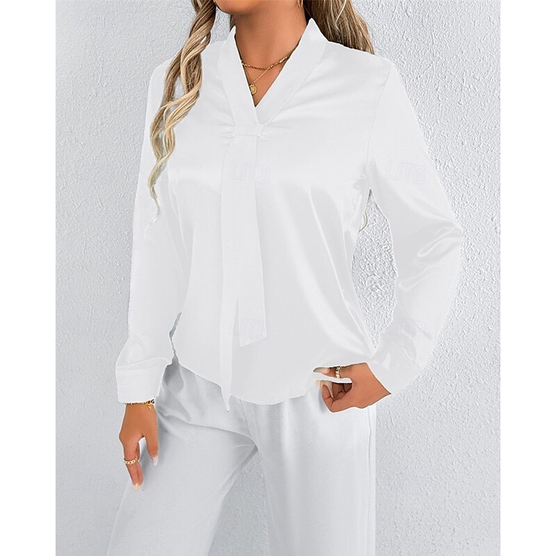 Women's Shirt Elegant Dressy Satin Solid Color Stylish Casual Long Sleeve V Neck Regular Tops Daily Going out Tie Front Black White Spring Fall2