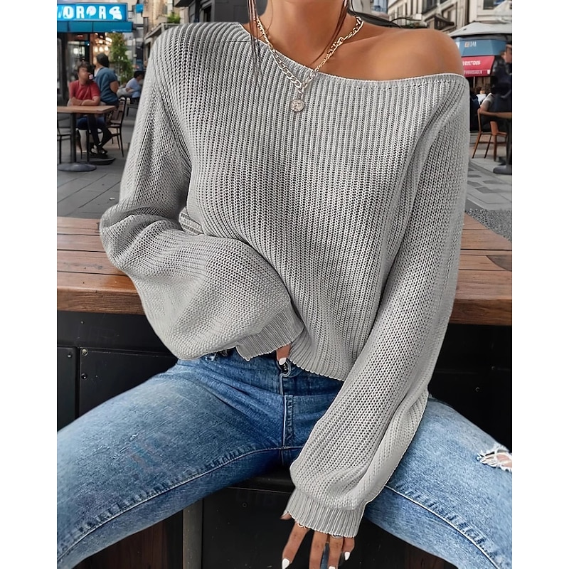 Women's Sweater Pullover Streetwear Casual Solid Color Off Shoulder Knitted Long Sleeve Regular Tops Knit Daily Holiday Going out Black White Fall Winter3