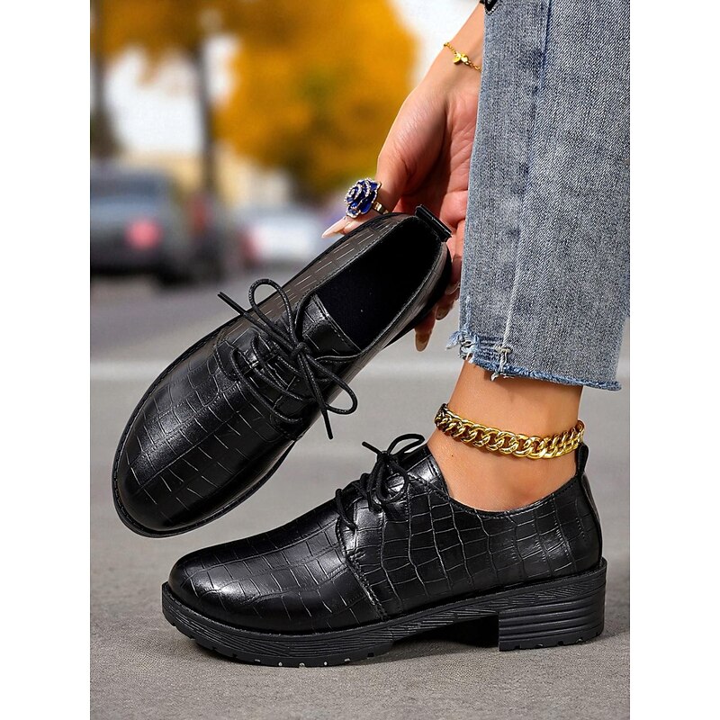 Women's Black Faux Leather Croc Embossed Oxford Shoes – Lace-Up Round Toe Flats for Office, Streetwear and Casual Daily Outfits4