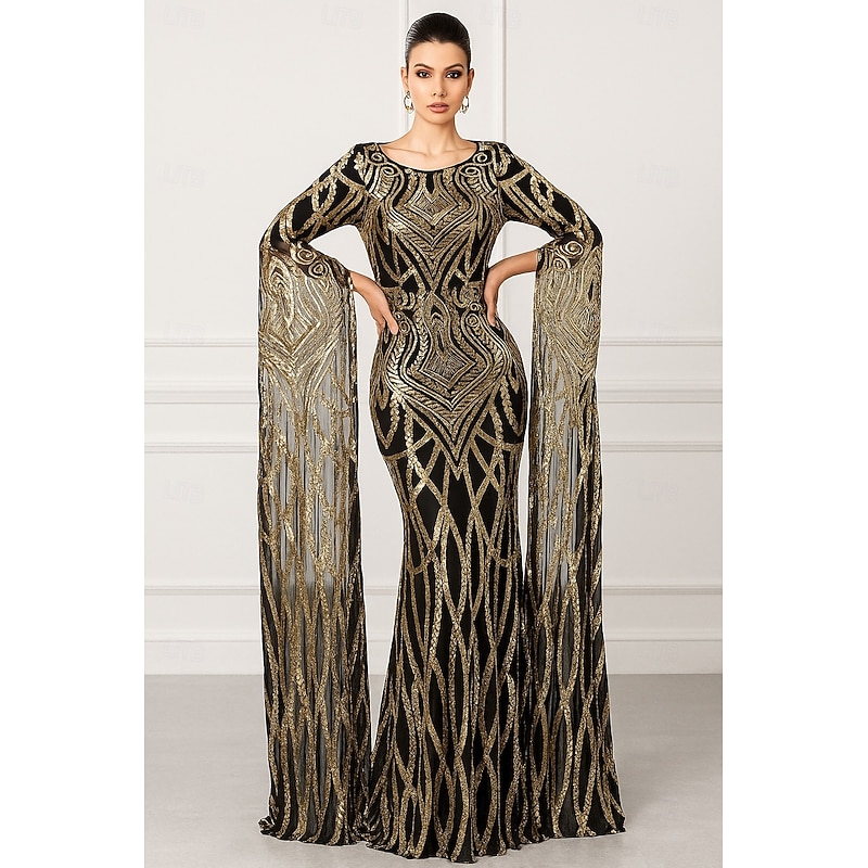 Mermaid / Trumpet Evening Gown Elegant Formal Dress Formal Wedding Floor Length Long Sleeve Crew Neck Tulle with Floral Print Ruched Sequin 2025