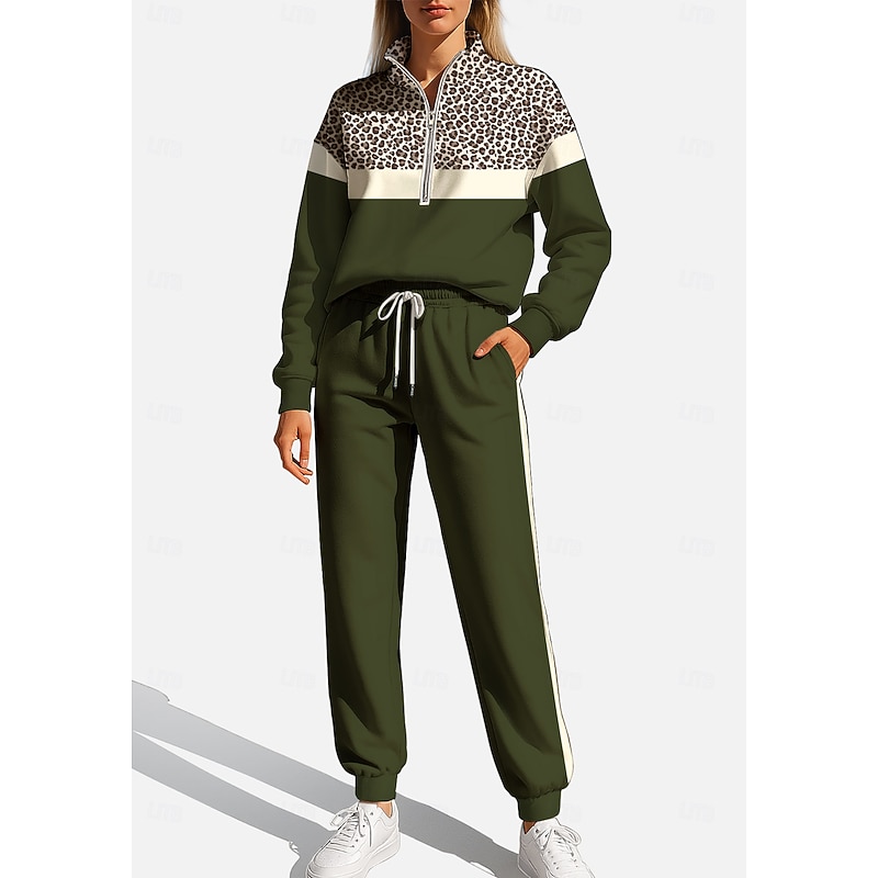 Women's Sweatshirt Tracksuit Sweatsuit Drawstring Zipper Leopard Jacket and Sweatpants Athletic Clothing Set Spring Dark Green Casual Workout Outdoor Soft Baggy Long Sleeve Sport Activewear