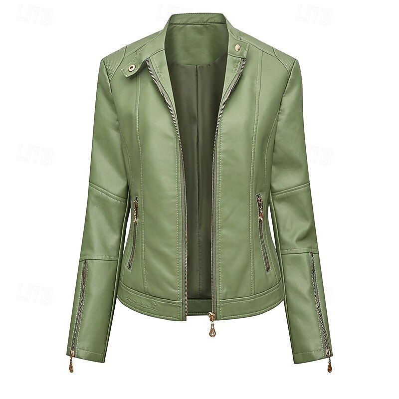 Women's Faux Leather Jacket Comfortable Zipper Pocket Fashion Plain Outdoor Vacation Going out Weekend Regular Collarless Regular Fit Long Sleeve Outerwear Black Red Green Spring Fall - Main Image