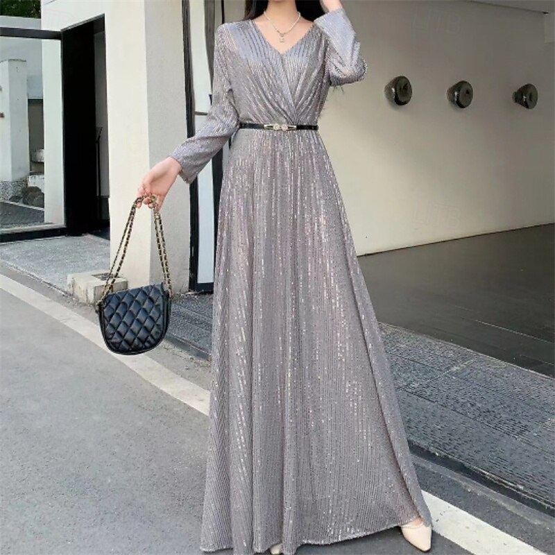 Women's Midi Dress Sequin Dress Elegant Fashion Modern Outdoor Party Daily Regular Fit Plain Long Sleeve V Neck Black White Yellow Red Spring Autumn3