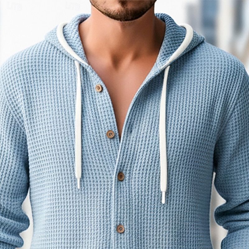 Men's Shirt Waffle Shirt Casual Shirt Button Up Shirt Hoodie White Navy Blue khaki Light Blue Long Sleeve Plain Hooded Vacation Casual Color Block Clothing Apparel Fashion Casual Comfortable2