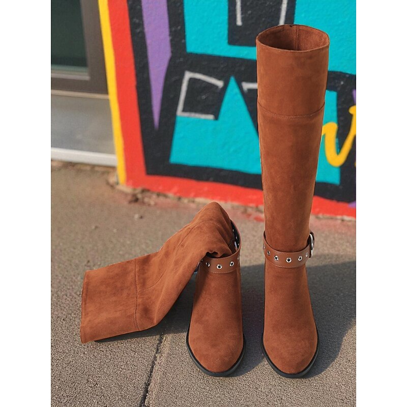 Women's Brown Fold-Over Slouch Boots with Mid Block Heels - 2-Way Convertible Shaft Faux Suede Western Style Boots for Daily Streetwear and Fall Outfits3