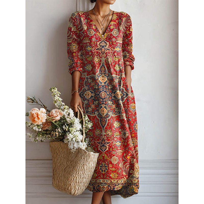 Women's Midi Dress A Line Dress Vacation Casual Daily Regular Fit Floral Graphic Long Sleeve V Neck Pink Red Brown Summer Spring Fall