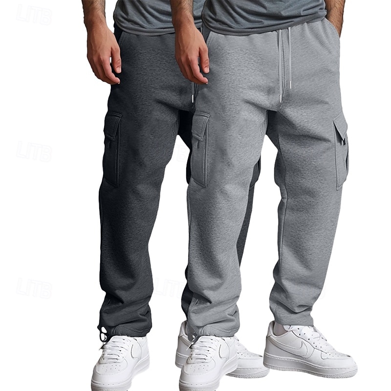 Men's Cargo Sweatpants Fleece Pants Joggers Trousers Straight Leg Sweatpants Drawstring Elastic Waist Multi Pocket Solid Color Warm Moisture Wicking Full Length Casual Daily Running Fashion Streetwear2