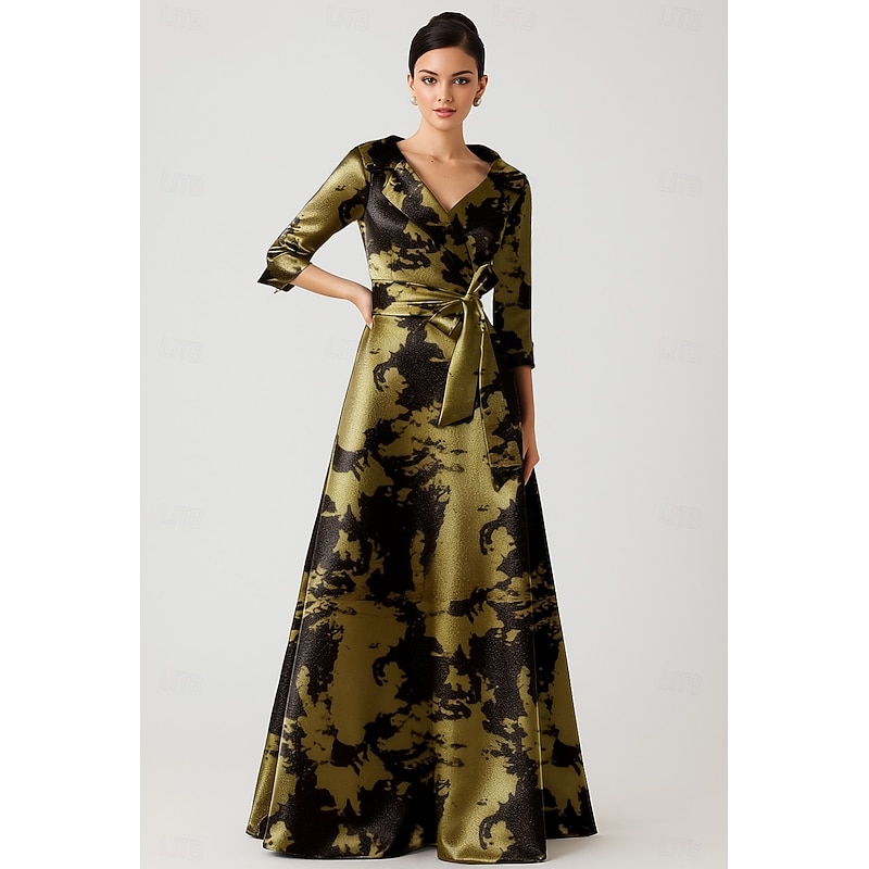 Black Gold A-Line Evening Gown Elegant Formal Dress Formal Wedding Floor Length 3/4 Length Sleeve Lapel Pocket Nylon with Bow(s) 2025