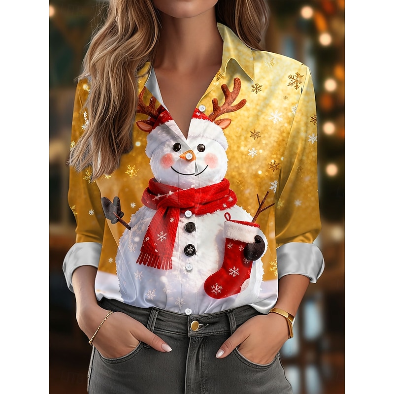 Christmas Women's Shirt Graphic Snowman Elegant Vintage Stylish Long Sleeve Shirt Collar Regular Tops Work Daily Holiday Yellow Red Blue Fall Winter