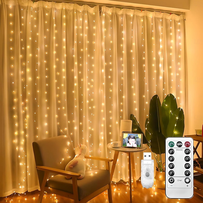 1pc Curtain Light 300 LEDs Window String Light Christmas Wedding Party Decorations, Warm White