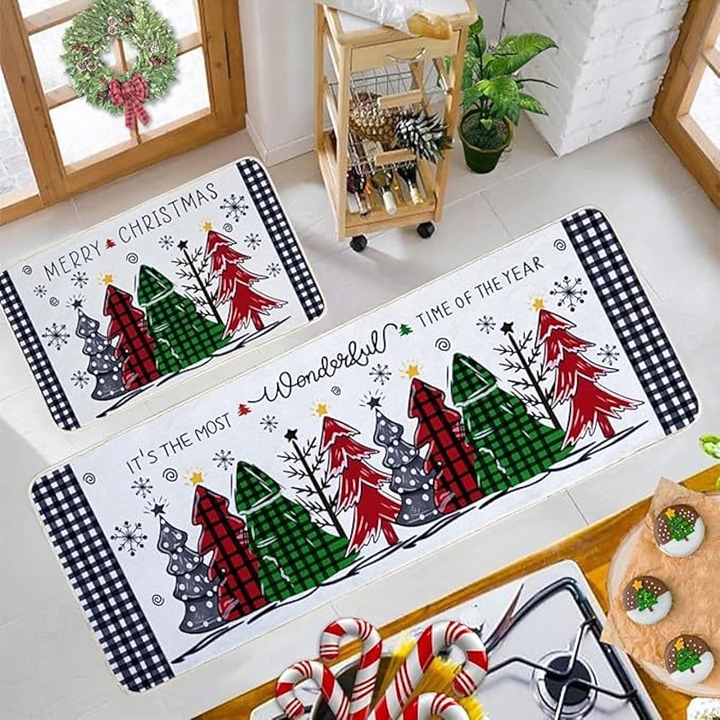 New Christmas Kitchen Floor Mat 2-Piece Set, Absorbent, Dirt-Resistant Entrance and Door Rug, Easy-to-Clean Kitchen Mats