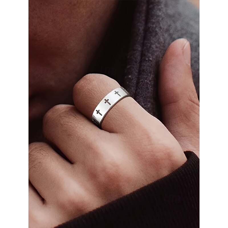 Men's Titanium Steel Cross Ring, Durable Stainless Gothic Band Jewelry, Fashion Religious Statement Ring for Daily Wear, Party and Gifts3