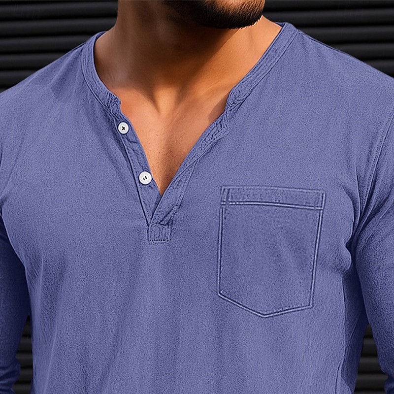 Men's Henley Shirt Long Sleeve Henley Spring Fall All Seasons Solid Color Retro Vintage Casual Pocket School Training Outdoor Blue Green Purple Top Tee for Men3