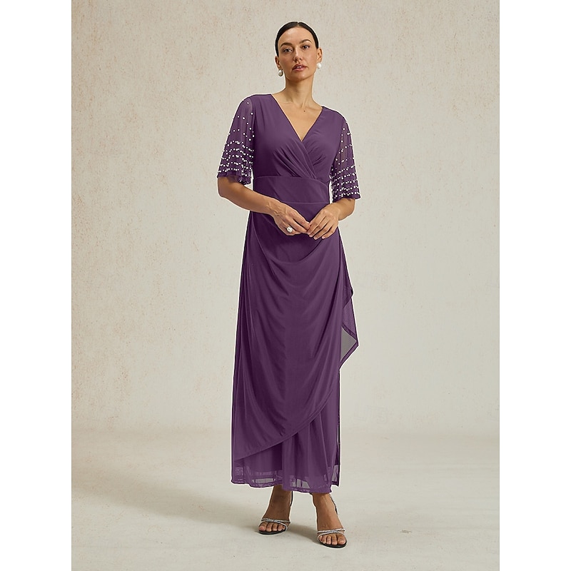 Women's Maxi Dress Sheath Dress Elegant Solid Color Short Sleeve V Neck Purple Summer Spring Fall2