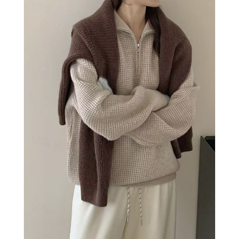 Women's Sweater Pullover Streetwear Casual Solid Color Shirt Collar Zipper Knitted Long Sleeve Regular Tops Knit Daily Holiday Going out Khaki Dark Gray Fall Winter2