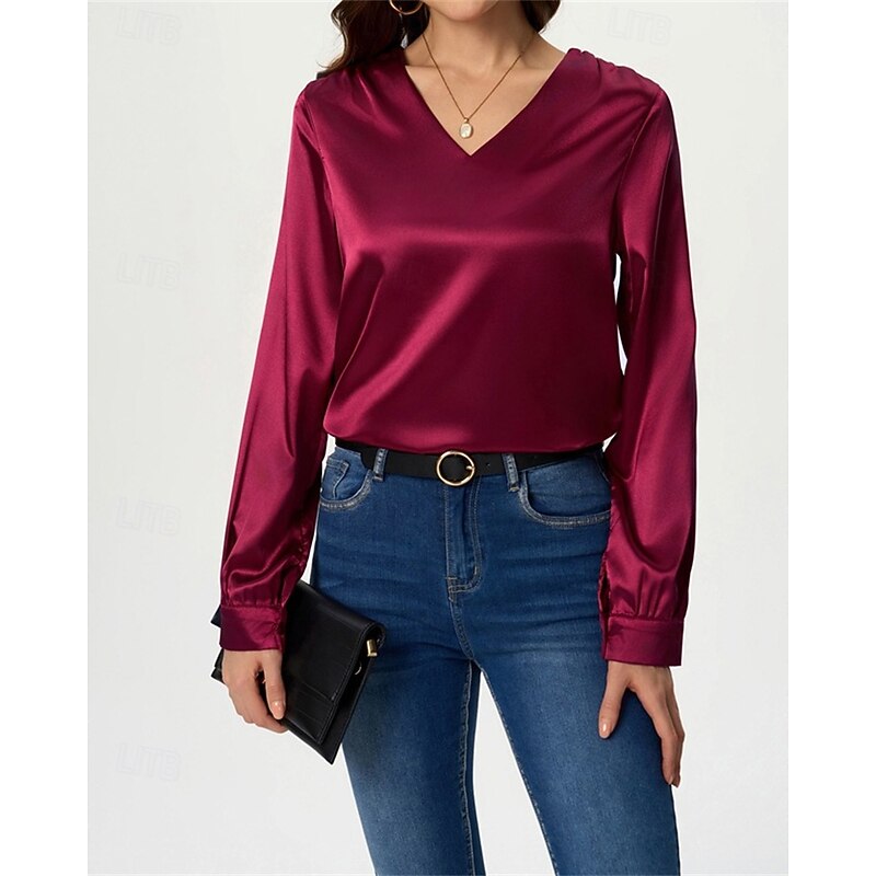 Women's Shirt Elegant Dressy Satin Solid Color Stylish Casual Long Sleeve V Neck Regular Tops Daily Going out Black White Wine Royal Blue Green Spring Fall2