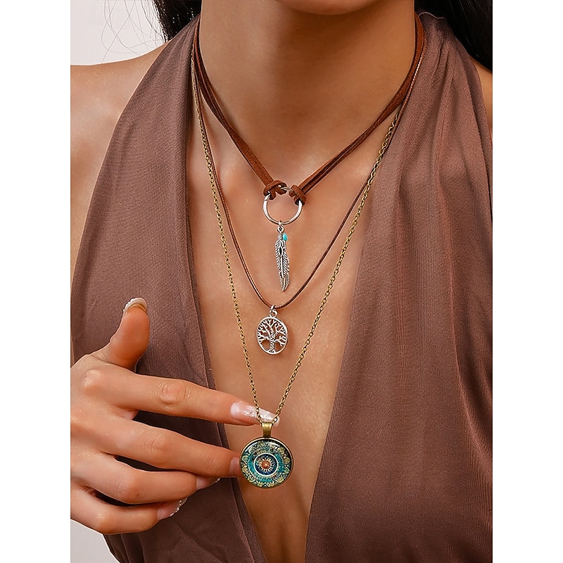 Women's Bohemian Layered Pendant Necklace, Triple Strand Jewelry with Feather, Tree of Life and Vintage Round Charm for Festivals, Parties and Casual Wear