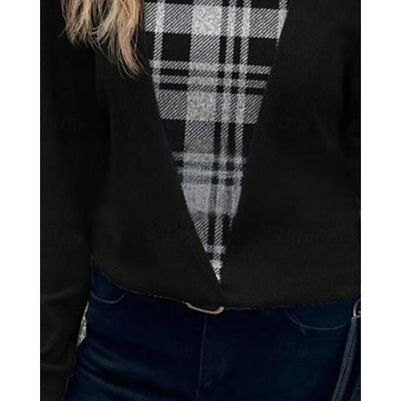 Women's Shirt Blouse Plaid Stylish Basic Casual Long Sleeve Square Neck Regular Tops Daily Holiday Print Black Spring Fall Winter3