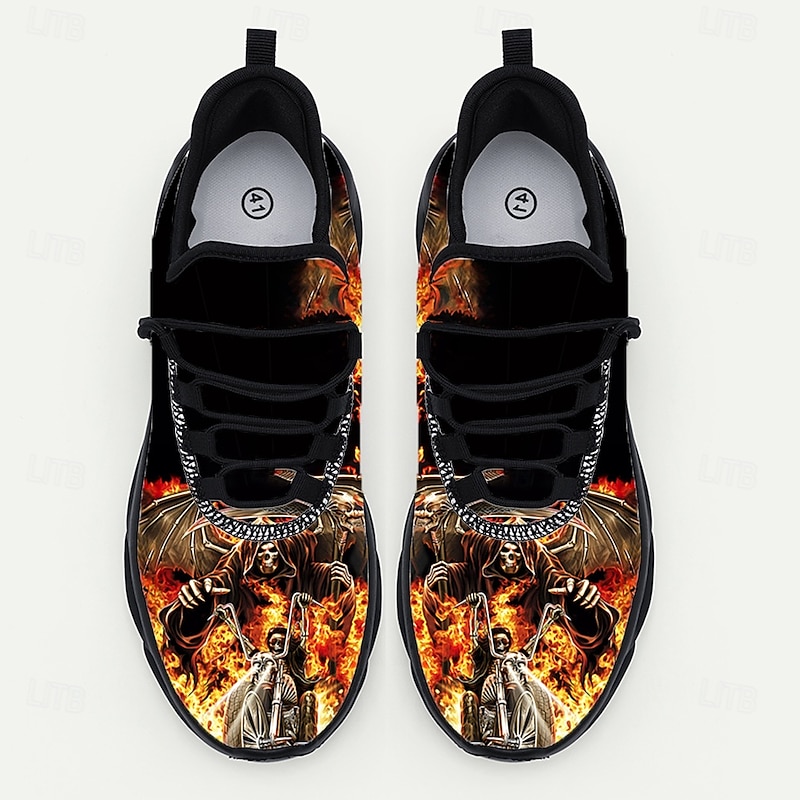 Men's Halloween Flame Skull Sneakers – Scary Horror Graphic Running Shoes for Costume Party, Nightclub, Themed Events and Streetwear