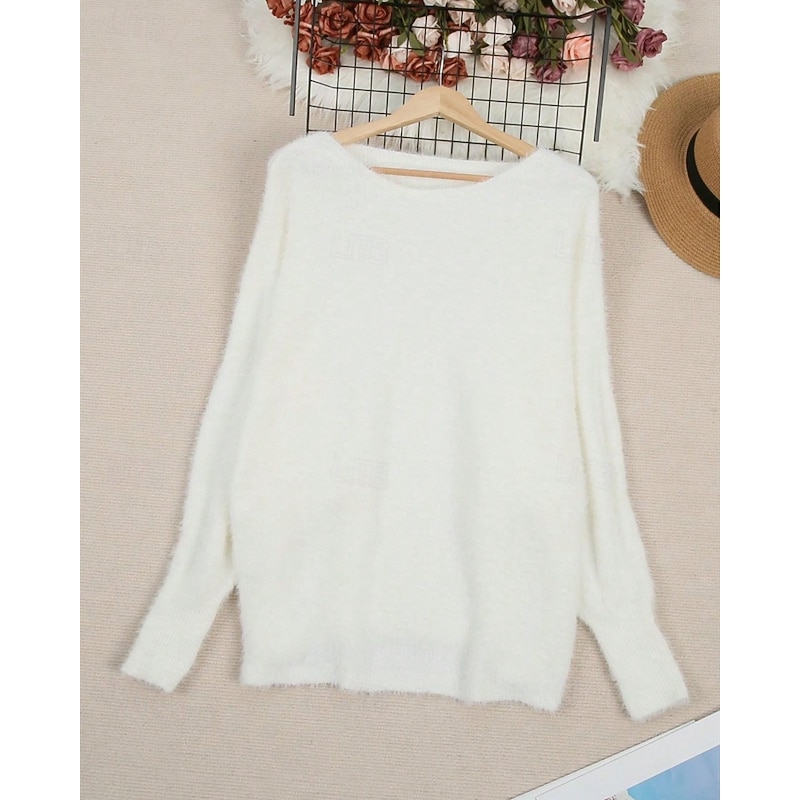 Women's Sweater Pullover Streetwear Casual Pure Color Ribbed Crew Neck Knitted Long Sleeve Regular Tops Knit Outdoor Daily Weekend White Fall Winter2