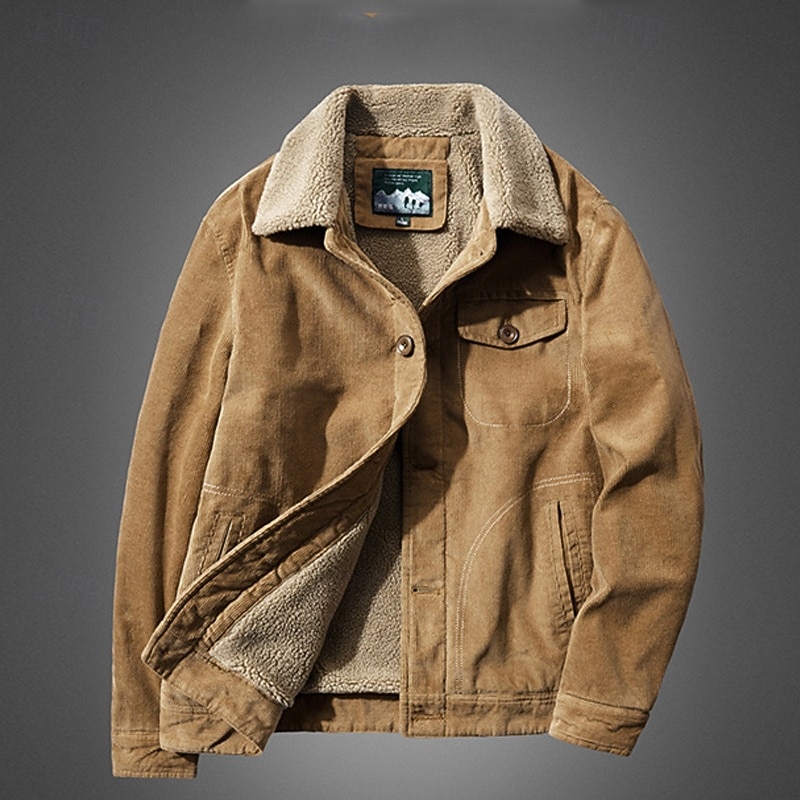 Men's Winter Jacket Corduroy Jacket Fleece Jacket Casual Jacket Vacation Daily Thermal Warm Pocket Fleece Fall Winter Plain Fashion Streetwear Lapel Regular Yellow Khaki Army Green Gray Jacket2