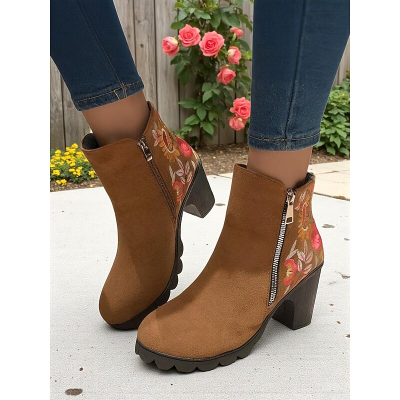 Women's Brown Floral Embroidered Ankle Boots with Zipper Closure, Chic and Comfortable, Perfect for Casual Outings, Fall Gatherings and Outdoor Activities2