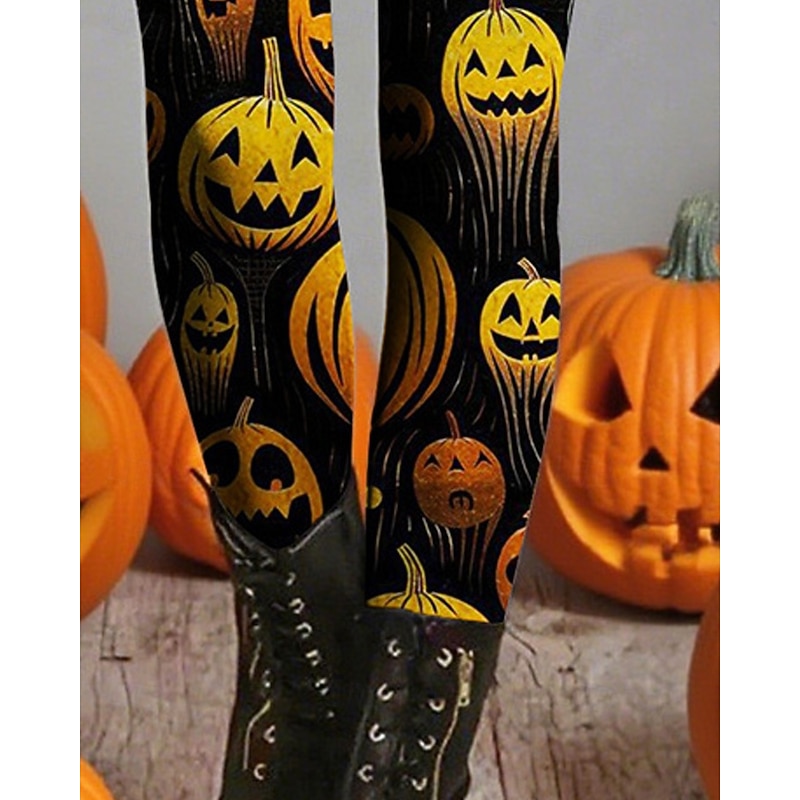 Women's Leggings Cozy Leggings Vacation Fashion Casual Full Length High WaistPantsHalloween Pumpkin Printing Thermal Warm Comfortable Stretchy Vacation Casual Daily Black Fall Winter Slim Fit3
