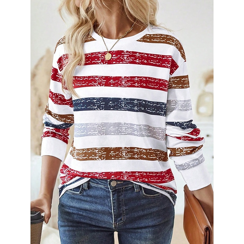 Women's Sweatshirts Graphic Striped Vintage Casual Long Sleeve Crew Neck Regular Tops Street Dailywear Casual Print Black Red Brown Green Spring Fall Winter